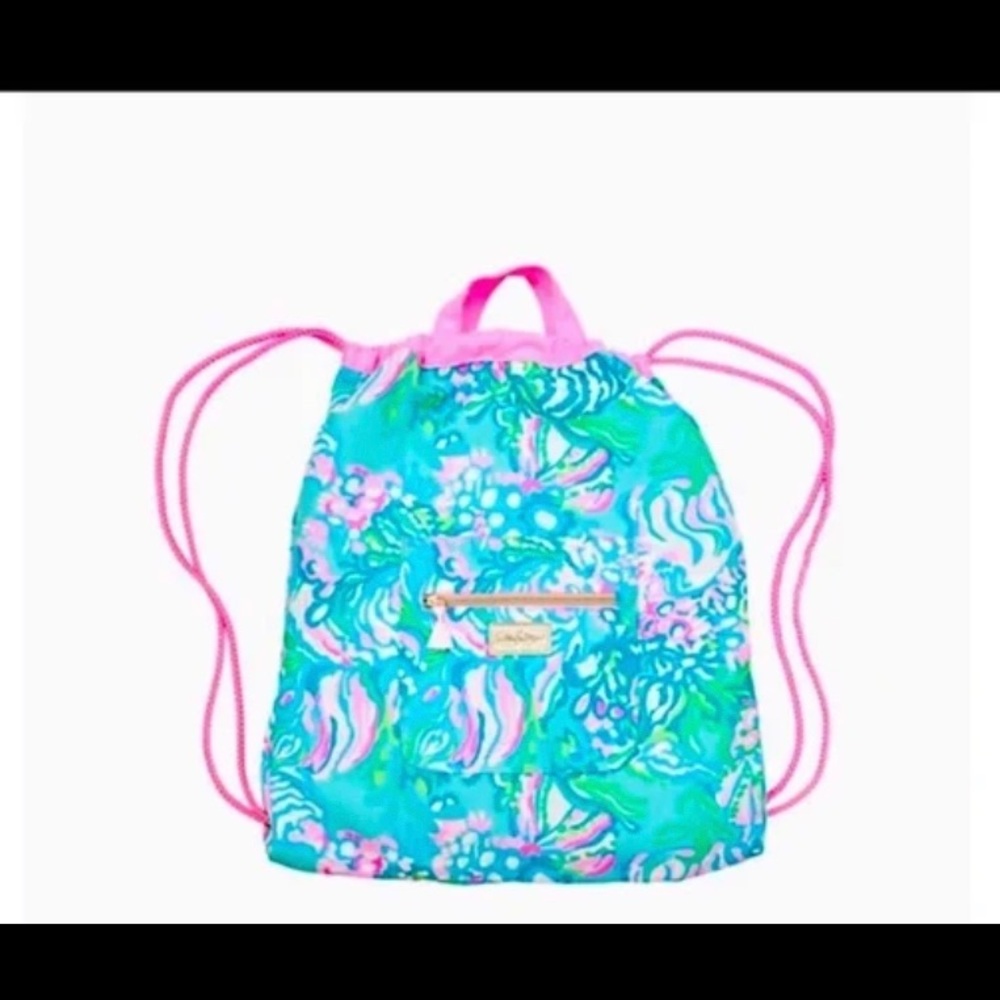LILLY PULITZER blue Ibiza aqua la vista floral draw string back pack beach bag